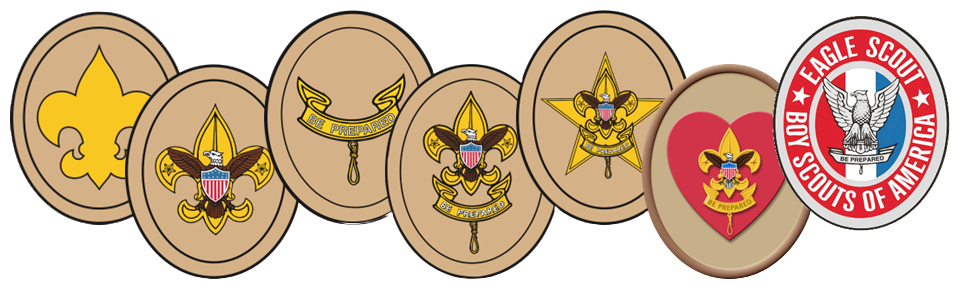 Scouts BSA rank emblems in a row